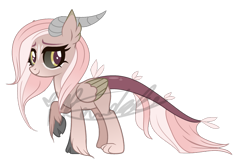 Size: 827x552 | Tagged: safe, artist:ipandacakes, oc, oc only, oc:bunny slipper, draconequus, hybrid, pegasus, pony, au:mewverse next gen -side 2nd-, black sclera, cloven hooves, facial markings, horns, interspecies offspring, long hair, next generation, offspring, parent:discord, parent:fluttershy, parents:discoshy, paws, pink mane, signature, simple background, smiling, solo, transparent background, wings, yellow eyes