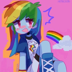 Size: 1280x1280 | Tagged: safe, artist:mari_uu00, rainbow dash, human, equestria girls, g4, blushing, boots, clothes, cloud, compression shorts, cute, dashabetes, female, heart, heart eyes, jacket, looking at you, open mouth, open smile, rainbow, screentone, shoes, signature, sitting, skirt, smiling, smiling at you, solo, wingding eyes