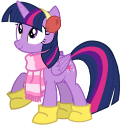 Size: 828x859 | Tagged: safe, artist:zslnews, twilight sparkle, alicorn, pony, g4, boots, clothes, earmuffs, female, looking up, mare, raised hoof, scarf, shoes, simple background, solo, transparent background, twilight sparkle (alicorn), vector, winter outfit