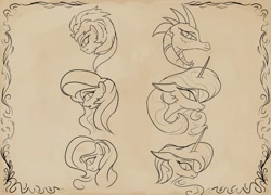 Size: 1095x788 | Tagged: safe, artist:rocket-lawnchair, princess celestia, princess ember, princess luna, alicorn, dragon, human, pony, equestria girls, g4, book, bust, looking back, sketch