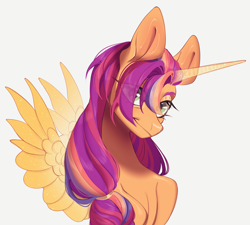 Size: 4000x3604 | Tagged: safe, artist:meggychocolatka, sunny starscout, alicorn, earth pony, pony, g5, artificial horn, artificial wings, augmented, bust, colored, eye clipping through hair, eyebrows, eyebrows visible through hair, eyelashes, female, horn, horn markings, lidded eyes, long mane, looking at you, magic, magic horn, magic wings, mane stripe sunny, mare, no source available, portrait, race swap, scrunchie, simple background, slender, small wings, smiling, smiling at you, solo, sparkles, sparkly horn, sparkly wings, spread wings, sunnycorn, thin, white background, wings