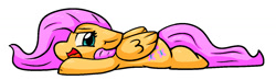 Size: 1345x393 | Tagged: safe, artist:zutcha, fluttershy, pegasus, pony, g4, female, flat fuck friday, floppy ears, lidded eyes, lying down, mare, open mouth, open smile, prone, simple background, smiling, solo, sploot, white background