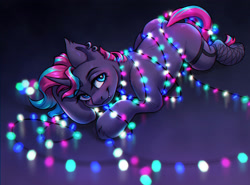 Size: 2934x2167 | Tagged: safe, artist:amishy, oc, oc only, oc:synthie glitch, bat pony, bat pony unicorn, hybrid, pony, unicorn, bat pony oc, blue eyes, blushing, christmas, christmas lights, clothes, cute, cute little fangs, ear piercing, earring, fangs, female, fishnet clothing, fishnet stockings, garters, holiday, horn, jewelry, lying down, mare, multicolored hair, multicolored mane, multicolored tail, piercing, prone, smiling, solo, stockings, tail, thigh garters, thigh highs, unicorn oc