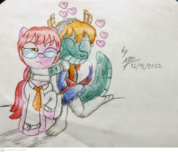 Size: 1920x1644 | Tagged: safe, artist:mao2018, dragon, earth pony, pony, clothes, dragonified, duo, heart, hug, kobayashi-san chi no maid dragon, ponified, signature, simple background, species swap, tohru, traditional art, varying degrees of want, white background