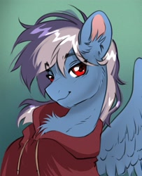 Size: 2700x3330 | Tagged: safe, artist:opalacorn, oc, oc only, oc:silver lightning, pegasus, pony, bust, chest fluff, clothes, ear fluff, eyebrows, eyebrows visible through hair, gradient background, hoodie, lidded eyes, looking at you, male, smiling, smiling at you, solo, stallion