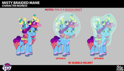 Size: 2710x1565 | Tagged: safe, lil critter workshop, misty brightdawn, pony, unicorn, enchantment under the sea, g5, my little pony: tell your tale, official, spoiler:g5, spoiler:my little pony: tell your tale, spoiler:tyts02e28, .psd available, alternate hairstyle, behind the scenes, bracelet, braid, bubble, coat markings, concave belly, concept art, coral, female, friendship bracelet, horn, jewelry, mare, my little pony logo, rebirth misty, smiling, solo, unshorn fetlocks