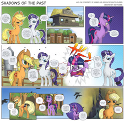 Size: 1600x1558 | Tagged: safe, artist:thebadfaerie, applejack, rarity, twilight sparkle, earth pony, pony, unicorn, comic:shadows of the past, g4, bucket, butt, censored, censored vulgarity, comic, female, horn, implied racism, mare, modesty rectangle, outdoors, outhouse, plot, tree, unnecessary censorship