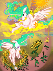 Size: 3000x4000 | Tagged: safe, artist:ja0822ck, princess celestia, alicorn, pony, g4, dancing, female, flower, mare, origin story, scratching, sprout, sun, sunflower