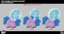 Size: 2873x1565 | Tagged: safe, lil critter workshop, izzy moonbow, pony, unicorn, enchantment under the sea, g5, my little pony: tell your tale, official, spoiler:g5, spoiler:my little pony: tell your tale, spoiler:tyts02e28, .psd available, behind the scenes, bracelet, bubble, concept art, female, horn, jewelry, mare, my little pony logo, smiling, solo, unshorn fetlocks