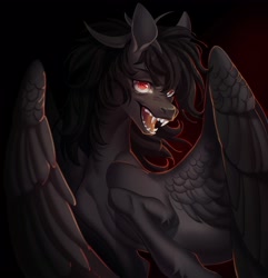 Size: 3860x4000 | Tagged: safe, artist:meggychocolatka, oc, oc only, pegasus, pony, colored, depth of field, eyebrows, eyelashes, fangs, gradient background, lacrimal caruncle, large wings, open mouth, partially open wings, pegasus oc, shading, sharp teeth, slender, solo, teeth, thin, turned head, wings