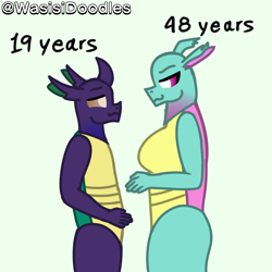 Size: 4500x4500 | Tagged: safe, artist:alejandrogmj, artist:wasisi, spiracle, oc, oc:wasisi, changedling, changeling, pony, anthro, g4, 1000 hours in ms paint, age difference, canon x oc, changedling oc, changeling oc, green background, ponified, simple background