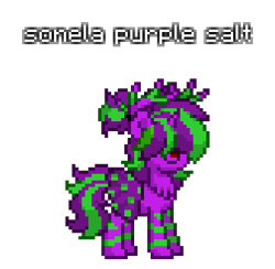 Size: 336x328 | Tagged: safe, artist:princess ice color twinkle, oc, oc only, oc:sonela purple salt, hybrid, pony, unicorn, pony town, antlers, chest fluff, chest hair, deer nose, hair over eyes, horn, hybrid oc, leg stripes, mare oc, multicolored antlers, polka dots, pony town oc, ponytail, purple skin, red nose, simple background, smiling, standing, striped antlers, stripes, tail, text, two toned mane, two toned tail, unicorn oc