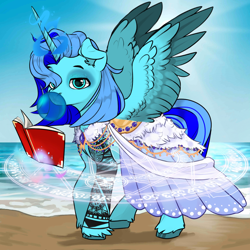 Size: 1024x1024 | Tagged: safe, oc, oc only, alicorn, pony, avatar maker fantasy pony, blue eyes, blue mane, blue skin, blue tail, book, bubblegum, clothes, food, foot design, glowing, glowing horn, gum, horn, magic, magic circle, mare oc, ocean, sea background, spread wings, tail, two toned mane, two toned tail, water, wings