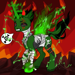 Size: 1024x1024 | Tagged: safe, oc, oc only, alicorn, alicorn oc, avatar maker fantasy pony, body design, bondage feets, cat eyes, ceck design, chat bubble, evil horns, evil oc, fiery wings, fire background, fire under hoof, foot accessory, green skin, gritted teeth, horn, injure, lightnings, looking at you, scary, skeleton cutie mark, slit pupils, stallion oc, teeth, wings