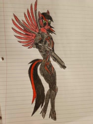 Size: 3000x4000 | Tagged: safe, artist:radiation_pony, oc, oc:rubidium, pegasus, anthro, black widow (marvel), blade, crossover, female, flying, gun, lined paper, makeup, marvel, marvel rivals, pegasus oc, rifle, solo, tail, traditional art, weapon, wingblade, wings