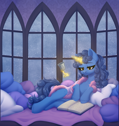 Size: 2790x2943 | Tagged: safe, artist:nika-rain, oc, pony, unicorn, book, commission, cute, female, glass, horn, indoors, lying down, magic, on side, pillow, reading, snow, snowfall, solo, telekinesis, window