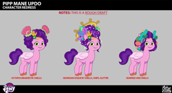 Size: 2873x1565 | Tagged: safe, lil critter workshop, pipp petals, pegasus, pony, enchantment under the sea, g5, my little pony: tell your tale, official, spoiler:g5, spoiler:my little pony: tell your tale, spoiler:tyts02e28, .psd available, alternate hairstyle, behind the scenes, concept art, diadem, female, folded wings, jewelry, mare, my little pony logo, regalia, smiling, solo, unshorn fetlocks, wings