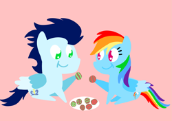 Size: 3553x2499 | Tagged: safe, anonymous artist, derpibooru exclusive, rainbow dash, soarin', pegasus, pony, series:soarindash hearth's warming, series:soarindash romantic tales, g4, christmas, cooking, eating, female, food, hearth's warming, holiday, male, mare, pointy ponies, ship:soarindash, shipping, stallion, straight