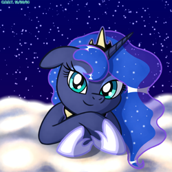 Size: 2000x2000 | Tagged: safe, artist:codenamekid, princess luna, alicorn, pony, g4, my little pony: friendship is magic, cloud, crossed hooves, crown, cute, dark blue background, ethereal mane, eyelashes, eyeshadow, female, floppy ears, highlights, hoof shoes, horn, jewelry, looking at you, lunabetes, makeup, mare, night, night background, outdoors, regalia, shading, shadow, sky background, smiling, smiling at you, solo, starry mane, stars