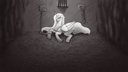 Size: 1920x1080 | Tagged: safe, alternate version, artist:4as, princess celestia, alicorn, pony, g4, bags under eyes, black and white, dungeon, female, grayscale, lying down, mare, monochrome, prone, shackles, slay the princess, solo