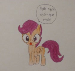 Size: 2433x2294 | Tagged: safe, anonymous artist, derpibooru exclusive, scootaloo, pony, g4, 2024, cross-eyed, female, filly, foal, funny, hilarious, nyah, silly, simple background, solo, solo female, taunt, taunting, teasing, tongue out, traditional art, white background