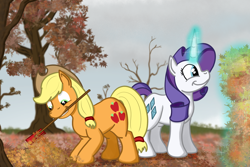 Size: 1800x1200 | Tagged: safe, artist:hoofclid, applejack, rarity, earth pony, pony, unicorn, g4, autumn, duo, duo female, female, glowing, glowing horn, horn, leaves, levitation, magic, mare, mouth hold, rake, telekinesis