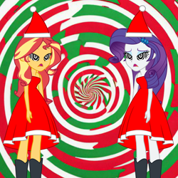 Size: 4024x4024 | Tagged: safe, artist:cartoonmasterv3, rarity, sunset shimmer, human, equestria girls, g4, advent calendar, christmas, christmas 2024, clothes, costume, hat, holiday, humanized, hypno eyes, hypnosis, hypnotized, santa claus, santa costume, santa hat