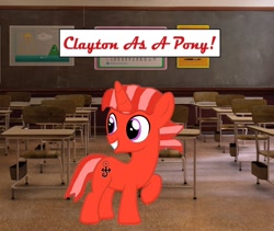 Size: 1754x1480 | Tagged: safe, artist:memeartboi, oc, pony, unicorn, g4, classroom, clayton (the amazing world of gumball), colt, colt oc, cute, eyes open, foal, grin, happy, horn, indoors, male, male oc, ponified, shapeshifter, smiling, solo, standing, teeth, text, the amazing world of gumball, unicorn horn, unicorn oc