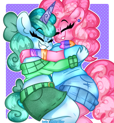 Size: 1850x2000 | Tagged: safe, artist:ladylullabystar, pinkie pie, oc, oc:prixy, anthro, g4, female, hug