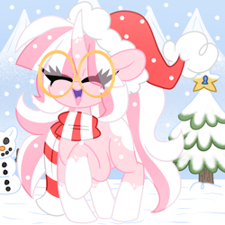 Size: 2000x2000 | Tagged: safe, artist:ladylullabystar, oc, oc:lady lullaby star, pony, unicorn, christmas, clothes, female, glasses, hat, holiday, horn, mare, santa hat, scarf, snow, solo, tree