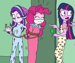 Size: 1282x1073 | Tagged: safe, artist:bugssonicx, pinkie pie, twilight sparkle, human, equestria girls, g4, beanie, bewildered expression, bondage, bound and gagged, cloth gag, clothes, footed sleeper, footie pajamas, gag, glasses, happy bondages, hat, kidnapped, nightgown, onesie, over the nose gag, pajamas, pony twilight, rope, rope bondage, shocked, shocked expression, sleepover, sleepwear, slippers, slumber party, socks, tied up, untying