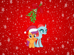 Size: 960x720 | Tagged: safe, anonymous artist, artist:a-karet, artist:luckreza8, artist:shootingstarsentry, artist:somepony, edit, vector edit, ocellus, scootaloo, changeling, pegasus, pony, g4, christmas, christmas background, christmas picture, cute, cutealoo, diaocelles, duo, female, filly, foal, hat, hearth's warming, holiday, lesbian, looking at each other, looking at someone, mistletoe, open mouth, open smile, santa hat, scootalove, ship:scootacellus, shipping, smiling, smiling at each other, song in the description, spread wings, vector, wings