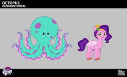 Size: 2614x1602 | Tagged: safe, lil critter workshop, pipp petals, octopus, pegasus, pony, enchantment under the sea, g5, my little pony: tell your tale, official, leak, spoiler:g5, spoiler:my little pony: tell your tale, spoiler:tyts02e28, .psd available, behind the scenes, colored, concept art, diadem, duo, female, folded wings, jewelry, mare, my little pony logo, pony for scale, regalia, royalty, smiling, solo focus, unshorn fetlocks, wings