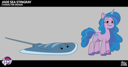 Size: 2423x1283 | Tagged: safe, lil critter workshop, izzy moonbow, pony, stingray, unicorn, enchantment under the sea, g5, my little pony: tell your tale, official, spoiler:g5, spoiler:my little pony: tell your tale, spoiler:tyts02e28, .psd available, behind the scenes, bracelet, concept art, female, horn, jewelry, mare, my little pony logo, pony for scale, smiling, solo focus, unshorn fetlocks