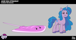 Size: 2423x1283 | Tagged: safe, lil critter workshop, izzy moonbow, pony, stingray, unicorn, enchantment under the sea, g5, my little pony: tell your tale, official, spoiler:g5, spoiler:my little pony: tell your tale, spoiler:tyts02e28, .psd available, behind the scenes, bracelet, concept art, female, horn, jewelry, mare, my little pony logo, pony for scale, smiling, solo focus, unshorn fetlocks