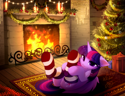 Size: 4504x3436 | Tagged: safe, artist:empress-twilight, twilight sparkle, alicorn, pony, g4, my little pony: friendship is magic, bangs, butt, butt fluff, candle, cheek fluff, christmas, christmas decoration, christmas presents, christmas tree, clothes, commission, detailed background, dock, dock fluff, ear fluff, eye clipping through hair, eyebrows, eyebrows visible through hair, female, fireplace, floppy ears, fluffy, folded wings, hearth's warming, high res, hock fluff, holding hoof, holiday, horn, indoors, lidded eyes, looking at you, lying down, mare, on back, plot, present, purple coat, purple eyes, rug, shiny mane, shiny tail, signature, smiling, smiling at you, socks, solo, straight mane, straight tail, striped socks, tail, three quarter view, three toned mane, three toned tail, tongue out, tree, twibutt, twilight sparkle (alicorn), underhoof, unicorn horn, wing fluff, wings, wreath, ych result