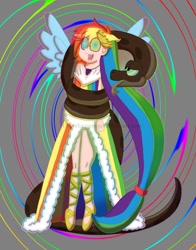 Size: 1002x1280 | Tagged: safe, artist:daphflocon, rainbow dash, human, snake, clothes, coils, cute, dashabetes, dress, duo, female, forked tongue, gala dress, human female, hypno dash, hypno eyes, hypnosis, hypnotized, kaa, kaa eyes, male, open mouth, open smile, rainbow dash always dresses in style, smiling, spread wings, wings