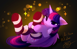 Size: 3373x2171 | Tagged: safe, artist:empress-twilight, twilight sparkle, alicorn, pony, g4, my little pony: friendship is magic, butt, clothes, commission, dock, ear fluff, eye clipping through hair, eyebrows, eyebrows visible through hair, female, horn, looking at you, lying down, mare, on back, smiling, smiling at you, socks, solo, sparkles, striped socks, tail, twibutt, twilight sparkle (alicorn), wings, ych result