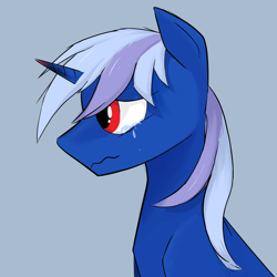 Size: 1080x1080 | Tagged: safe, artist:migesanwu, oc, oc only, oc:darknight gleam, pony, unicorn, blue background, burnt, bust, crying, horn, male, portrait, red eyes, sad, side view, simple background, solo