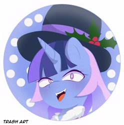 Size: 2028x2048 | Tagged: safe, artist:eltrash_art6, oc, oc:flawless sparklemoon, pony, unicorn, blushing, christmas, clothes, coat, female, fusion, fusion:trixie, fusion:twilight sparkle, fusion:twixie, hat, holiday, holly, holly mistaken for mistletoe, horn, icon, mare, open mouth, snow, solo, top hat