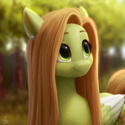 Size: 2000x2000 | Tagged: safe, artist:luminousdazzle, oc, oc only, oc:lumina, pegasus, pony, blurry background, bust, colored wings, ear piercing, female, forest, freckles, mare, nature, pegasus oc, piercing, smiling, solo, tree, two toned wings, wings