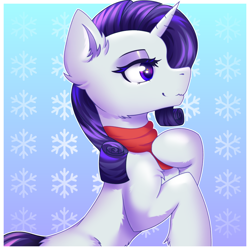 Size: 3000x3000 | Tagged: safe, artist:divori, rarity, pony, unicorn, g4, chest fluff, clothes, ear fluff, female, fluffy, high res, horn, mare, rearing, scarf, simple background, solo, standing on two hooves