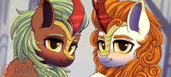 Size: 2088x944 | Tagged: safe, artist:dinoalpaka, autumn blaze, cinder glow, summer flare, kirin, g4, advertisement, blushing, duo, duo female, female, looking at you, mare, patreon, patreon link, patreon logo, patreon preview