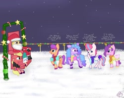 Size: 1080x856 | Tagged: safe, artist:heart k art, hitch trailblazer, izzy moonbow, pipp petals, sprout cloverleaf, sunny starscout, zipp storm, earth pony, pegasus, pony, unicorn, series:heart k art g5 advent calendar, g5, advent calendar, christmas, clothes, costume, dialogue, female, hat, holiday, horn, male, mane five, mare, maretime bay, outdoors, railing, santa costume, santa hat, scarf, snow, stallion, winter, winter outfit