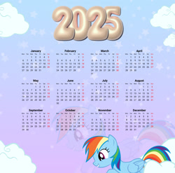 Size: 2744x2706 | Tagged: safe, artist:saltyvity, edit, rainbow dash, pegasus, pony, g4, 2025, calendar, cloud, cloudy, female, gradient background, happy new year, holiday, mare, multicolored hair, pink eyes, rainbow hair, smiling, solo, stars, zoom layer