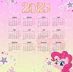 Size: 2744x2706 | Tagged: safe, artist:saltyvity, edit, pinkie pie, earth pony, pony, g4, 2025, blue eyes, calendar, female, gradient background, happy, holiday, looking at you, mare, pink hair, smiling, smiling at you, solo, sparkles, stars