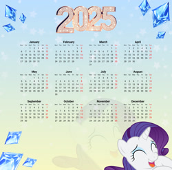 Size: 2744x2706 | Tagged: safe, artist:saltyvity, edit, rarity, pony, unicorn, g4, 2025, ^^, blue eyes, calendar, diamond, eyes closed, female, gradient background, happy, happy new year, holiday, horn, makeup, mare, purple hair, smiling, solo, sparkles, stars, zoom layer