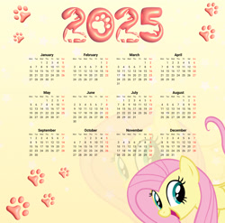 Size: 2744x2706 | Tagged: safe, artist:saltyvity, edit, fluttershy, pegasus, pony, g4, 2025, calendar, cute, female, green eyes, happy, happy new year, holiday, mare, paws, pink hair, smiling, solo, stars, zoom layer