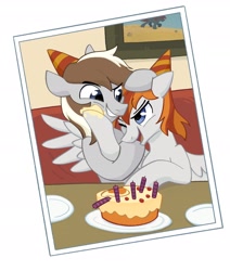 Size: 2000x2360 | Tagged: safe, artist:yaco, oc, oc:felix gulfstream, oc:斑仔, earth pony, pegasus, pony, birthday, birthday cake, brothers, cake, clothes, food, indoors, male, photo, siblings