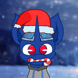 Size: 488x488 | Tagged: safe, artist:nhale, oc, oc only, oc:bit shift, pony, unicorn, animated, brain, candy, candy cane, christmas, clothes, food, gif, hat, head tilt, holiday, hoodie, horn, nibbling, organs, santa hat, snow, solo